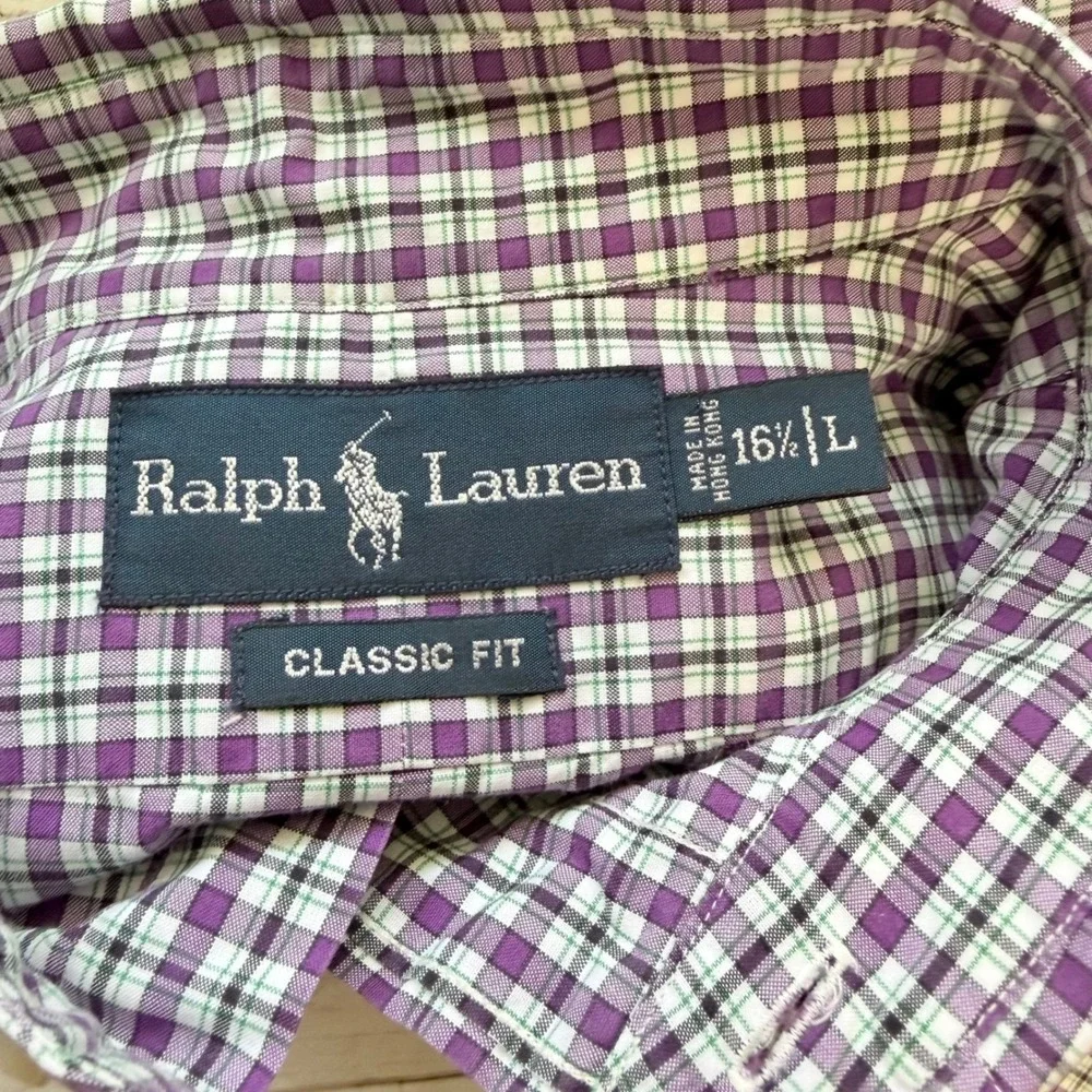 Ralph Lauren Button‎ Down Mens L Purple Green Plaid Classic Fit Long Sleeve Pony